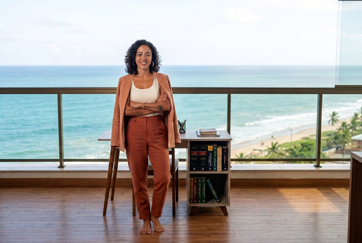 Camila Barbosa em pé, de braços cruzados, em um ambiente de trabalho com vista para o mar e a natureza